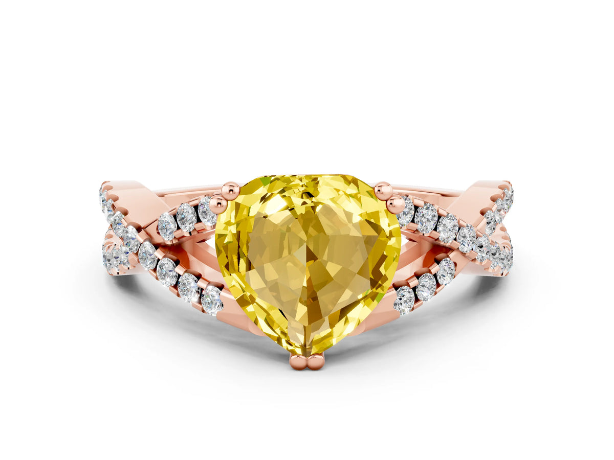 Heart Cut Yellow Sapphire Solitaire Ring in Rose gold with Interwoven Pavé Band and Prong Setting