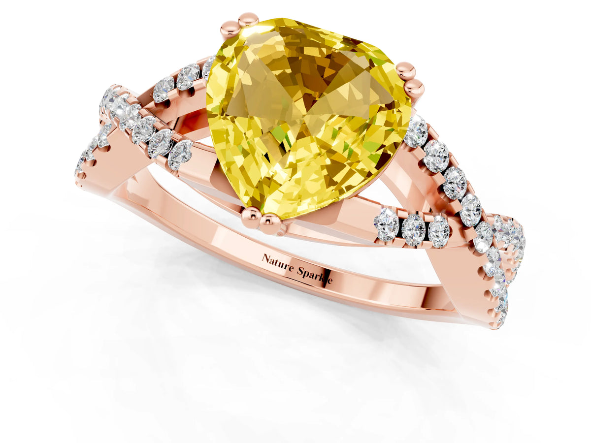 Heart Cut Yellow Sapphire Solitaire Ring in Rose gold with Interwoven Pavé Band and Prong Setting_1