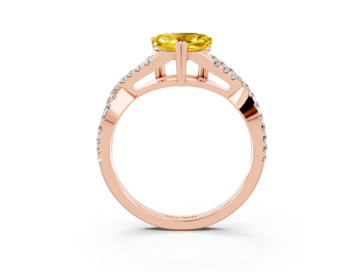 Heart Cut Yellow Sapphire Solitaire Ring in Rose gold with Interwoven Pavé Band and Prong Setting_3