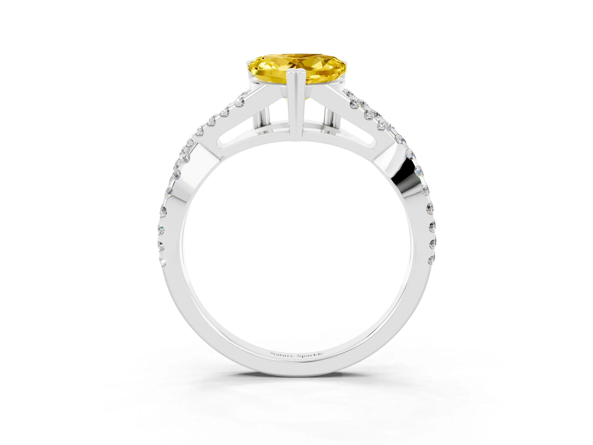 Heart Cut Yellow Sapphire Solitaire Ring in Silver with Interwoven Pavé Band and Prong Setting_9