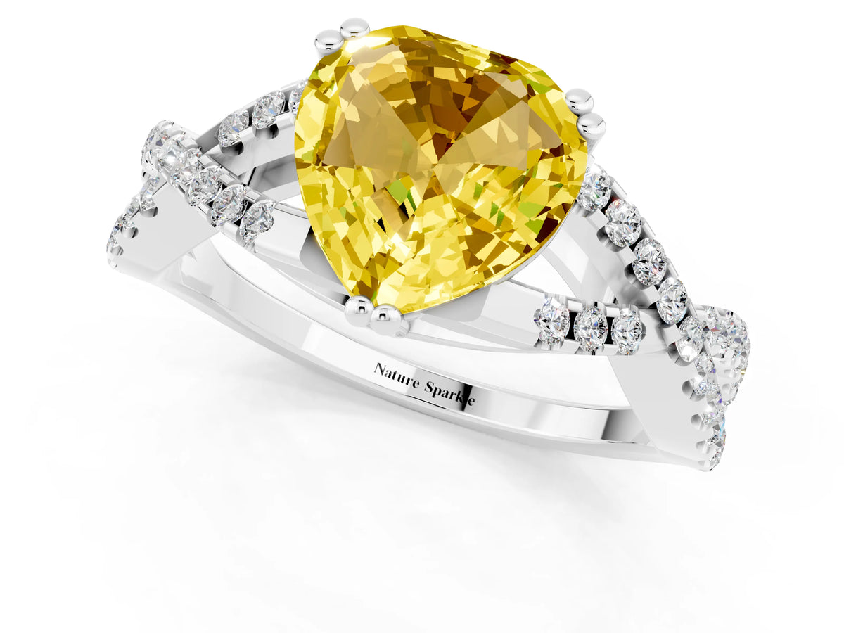 Heart Cut Yellow Sapphire Solitaire Ring in White gold with Interwoven Pavé Band and Prong Setting_1