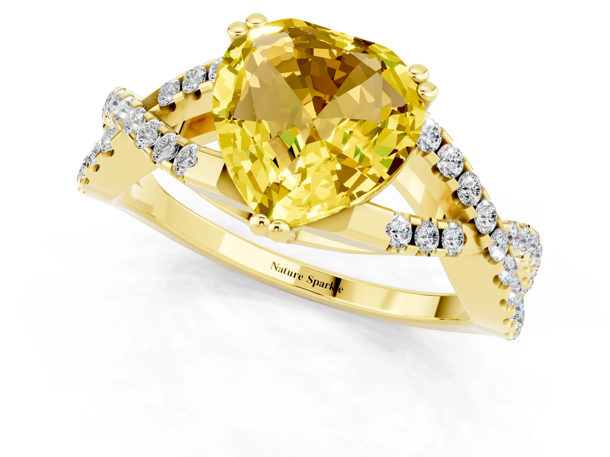 Heart Cut Yellow Sapphire Solitaire Ring in Yellow gold with Interwoven Pavé Band and Prong Setting_1