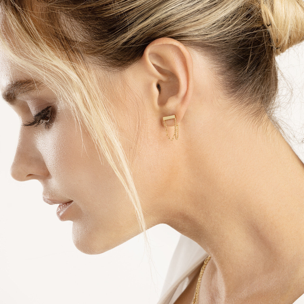 Paper Clip and Beaded Chain Front To Back Bar Earrings