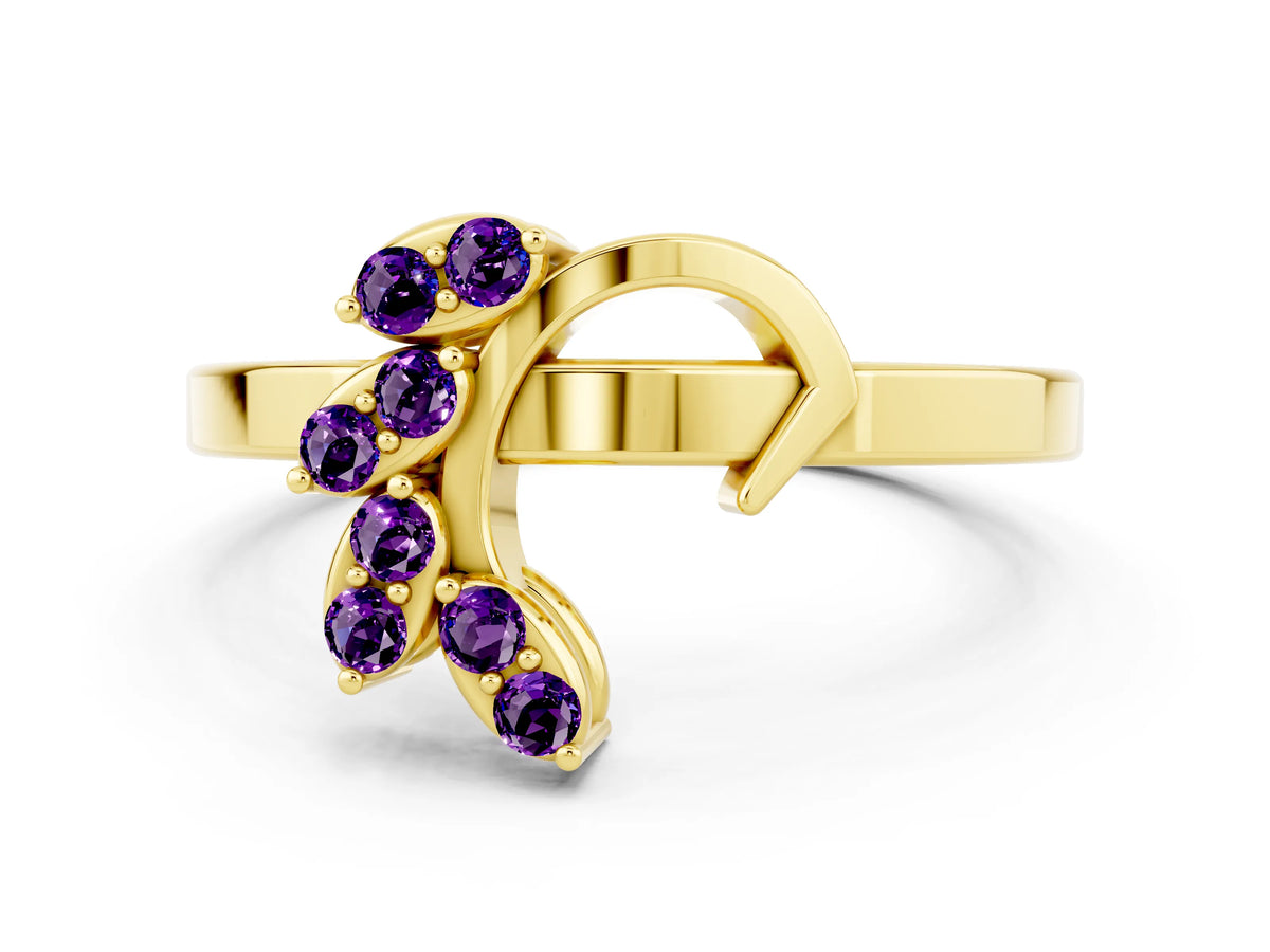 Marquise Amethyst Floral Cluster Bypass Ring in Yellow gold with Prong Setting