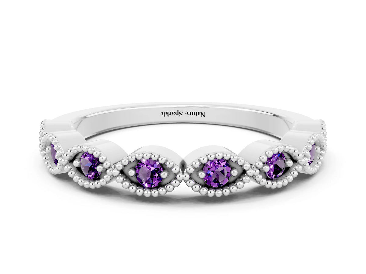 Marquise Amethyst Milgrain Half Eternity Band in Platinum with Bezel Setting