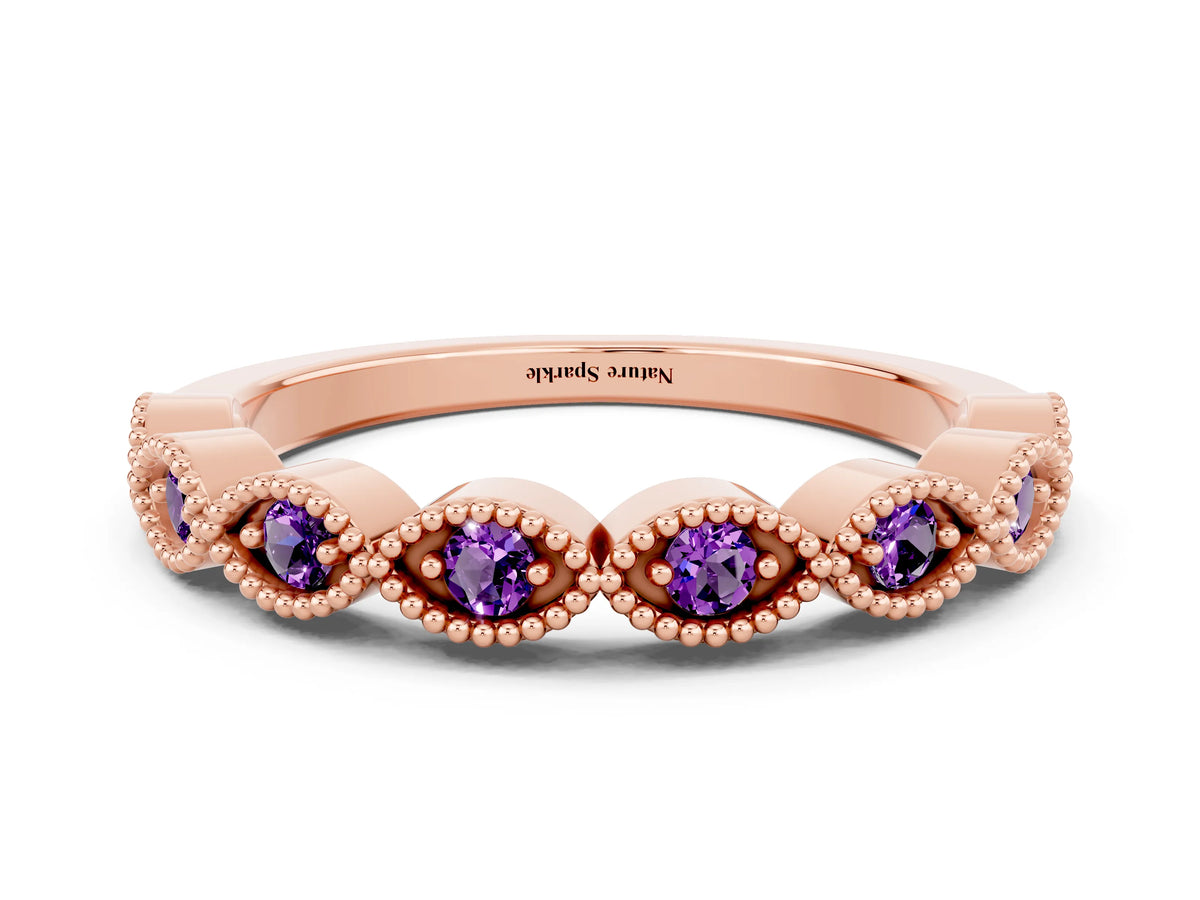 Marquise Amethyst Milgrain Half Eternity Band in Rose gold with Bezel Setting