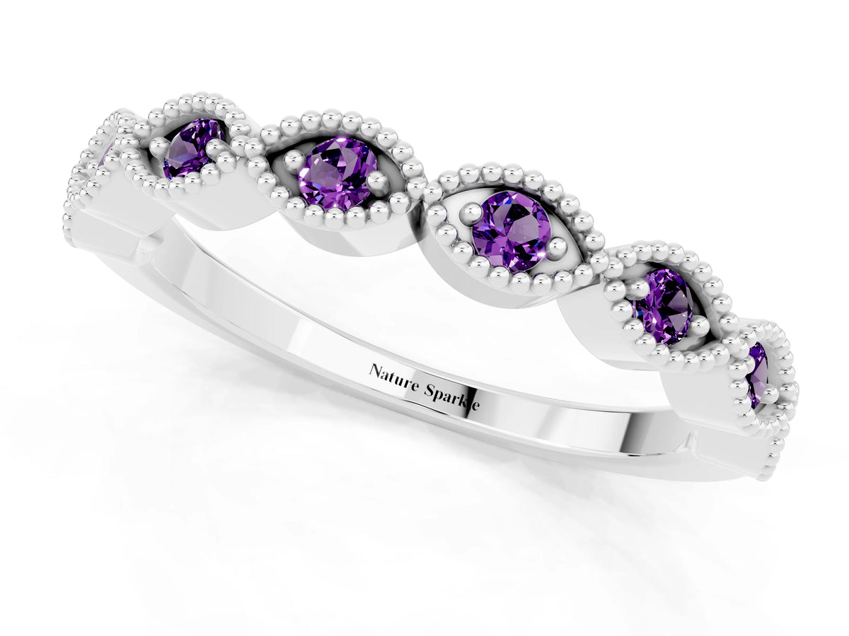 Marquise Amethyst Milgrain Half Eternity Band in Silver with Bezel Setting_1