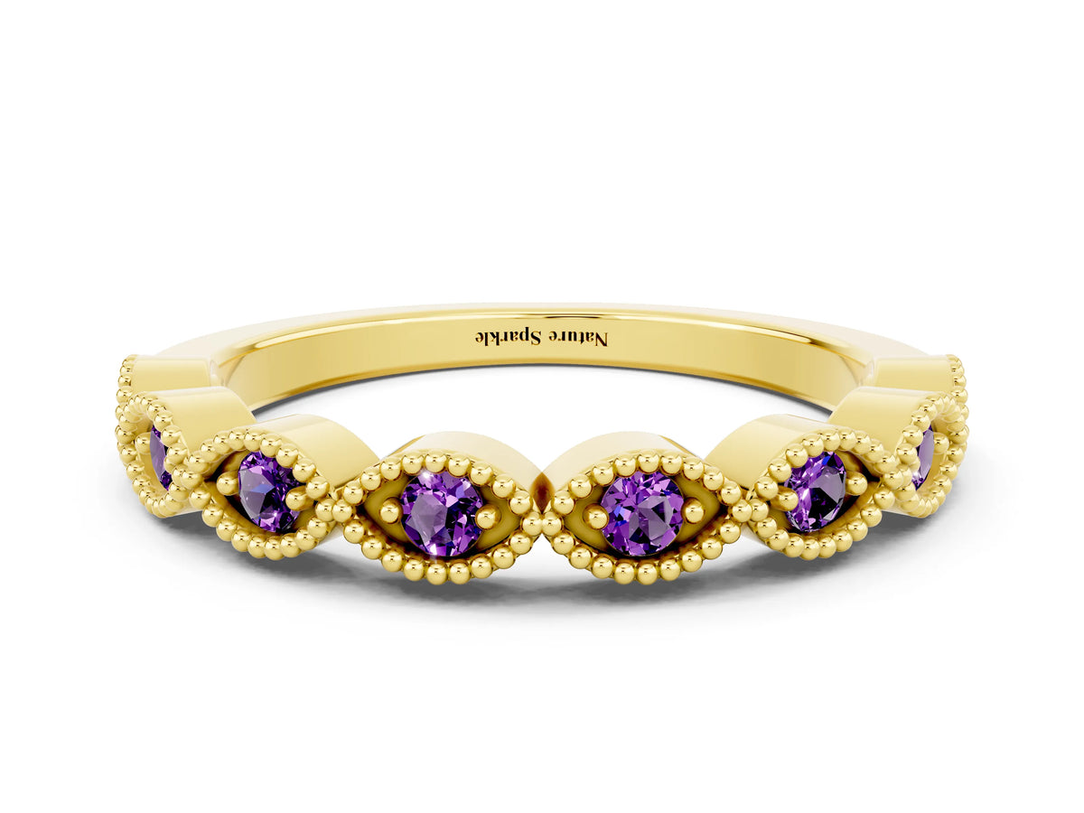 Marquise Amethyst Milgrain Half Eternity Band in Yellow gold with Bezel Setting