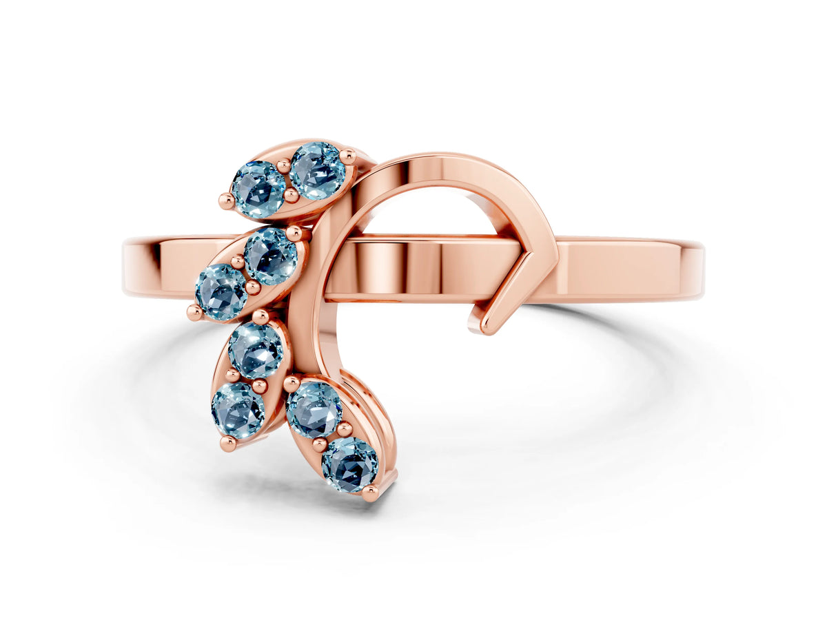Marquise Aquamarine Floral Cluster Bypass Ring in Rose gold with Prong Setting