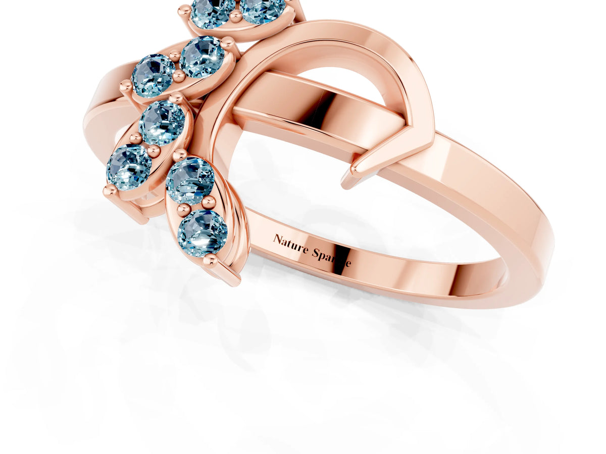Marquise Aquamarine Floral Cluster Bypass Ring in Rose gold with Prong Setting_1