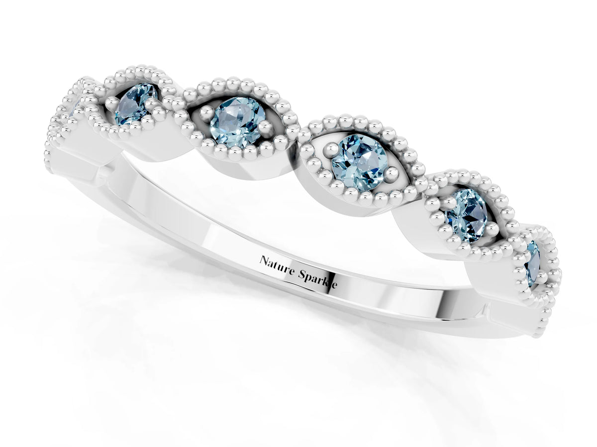 Marquise Aquamarine Milgrain Half Eternity Band in Platinum with Bezel Setting_1