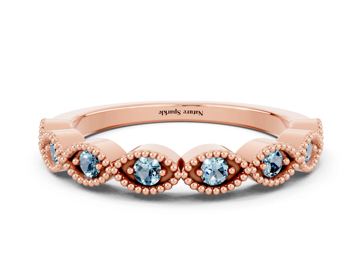 Marquise Aquamarine Milgrain Half Eternity Band in Rose gold with Bezel Setting