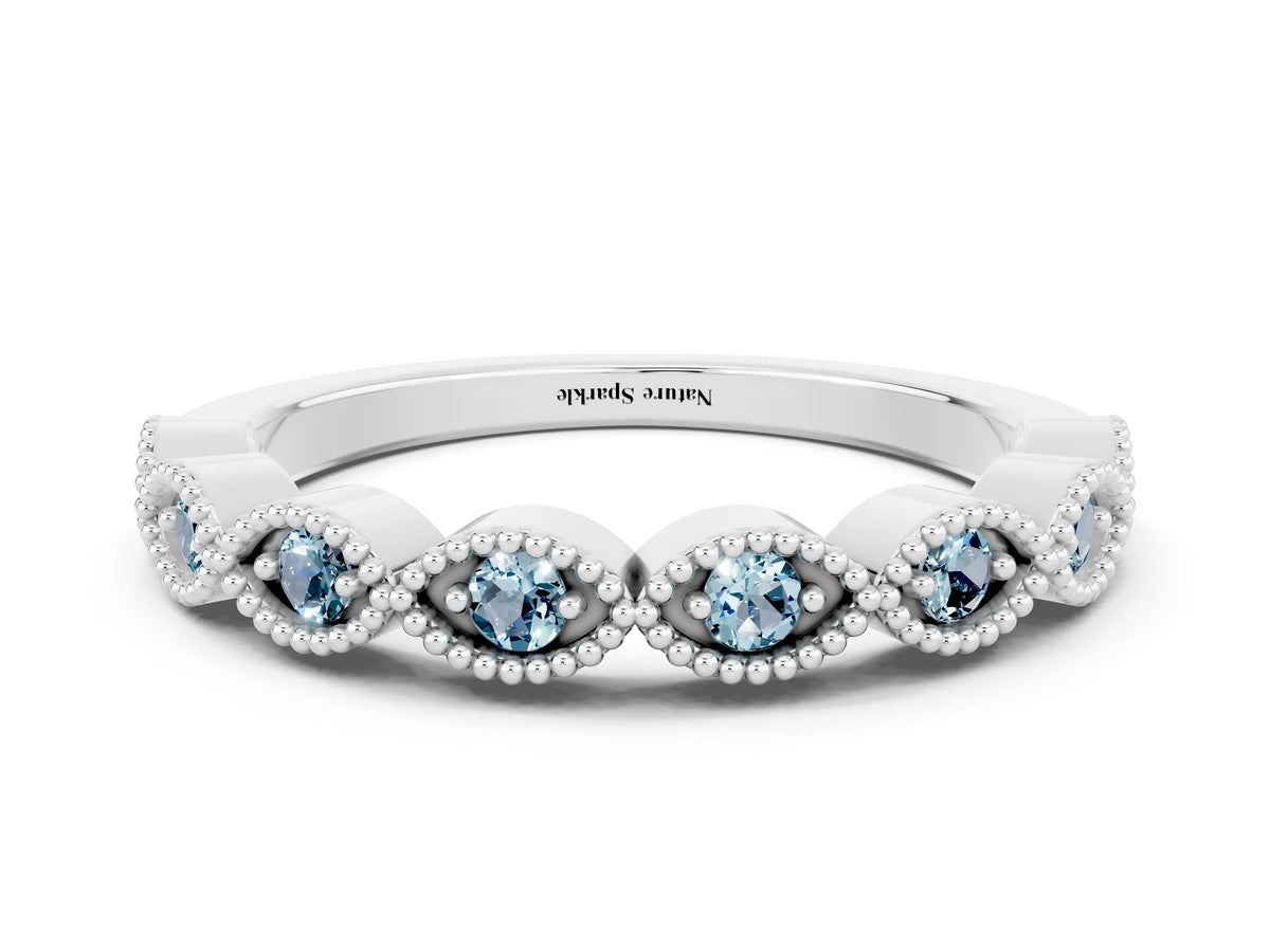 Marquise Aquamarine Milgrain Half Eternity Band in Silver with Bezel Setting