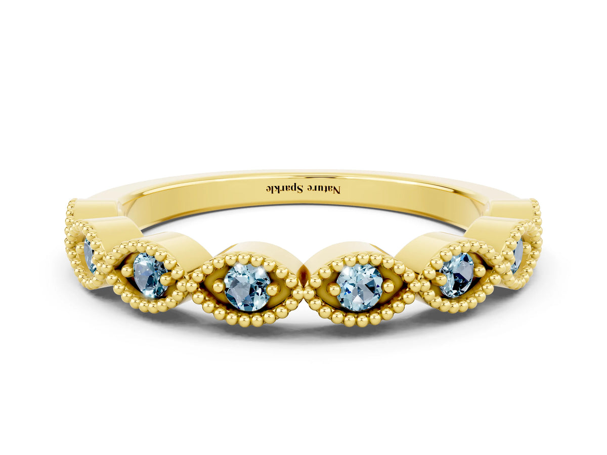 Marquise Aquamarine Milgrain Half Eternity Band in Yellow gold with Bezel Setting