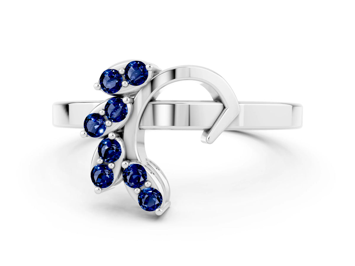 Marquise Blue Sapphire Floral Cluster Bypass Ring in White gold with Prong Setting