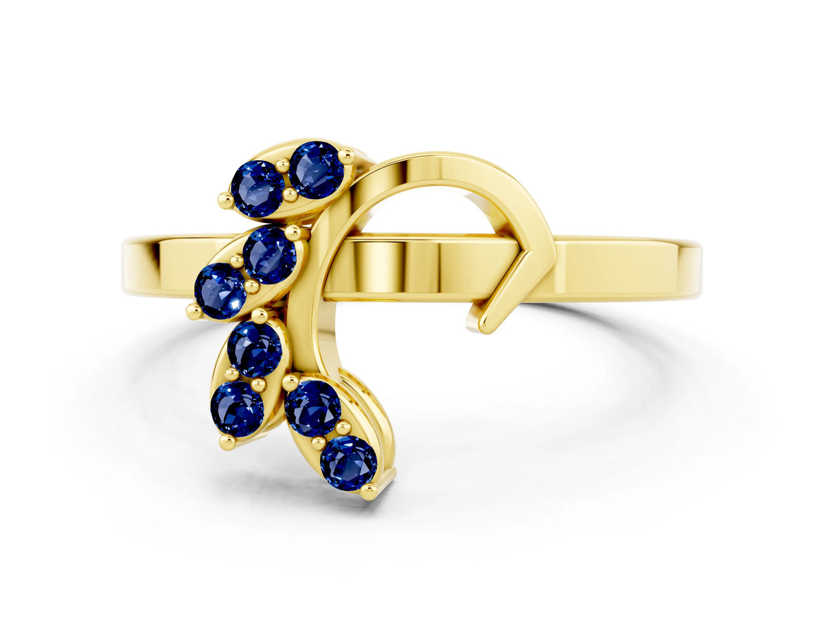 Marquise Blue Sapphire Floral Cluster Bypass Ring in Yellow gold with Prong Setting