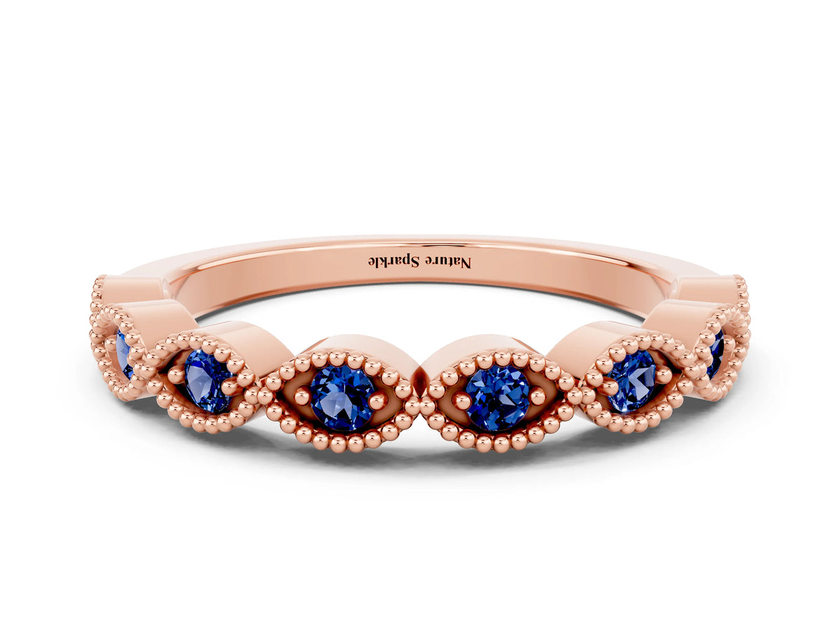 Marquise Blue Sapphire Milgrain Half Eternity Band in Rose gold with Bezel Setting