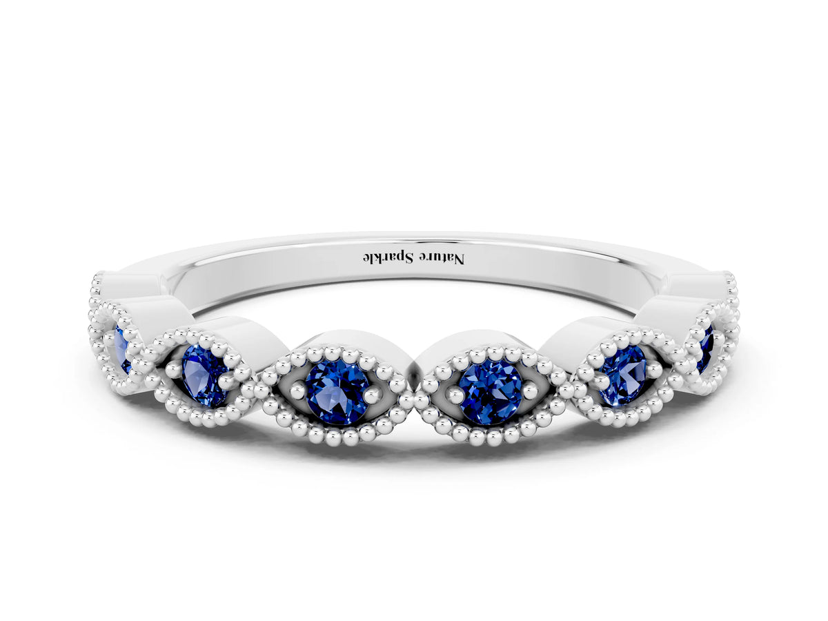 Marquise Blue Sapphire Milgrain Half Eternity Band in Silver with Bezel Setting