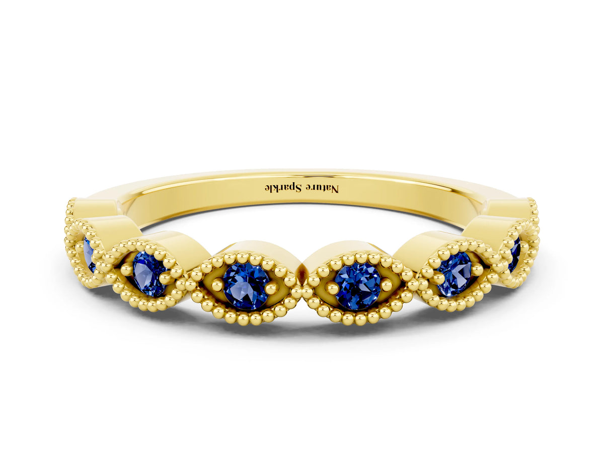 Marquise Blue Sapphire Milgrain Half Eternity Band in Yellow gold with Bezel Setting