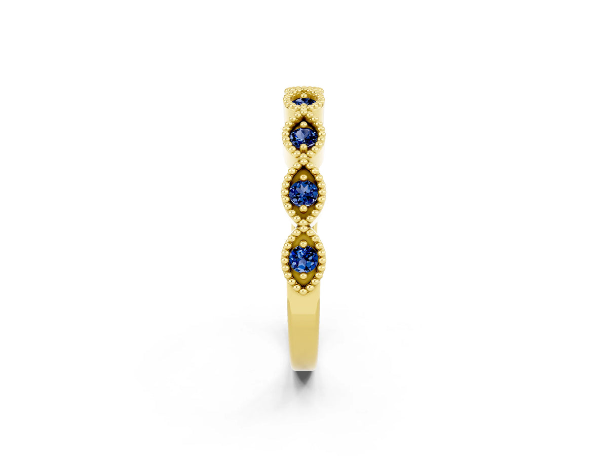 Marquise Blue Sapphire Milgrain Half Eternity Band in Yellow gold with Bezel Setting_2