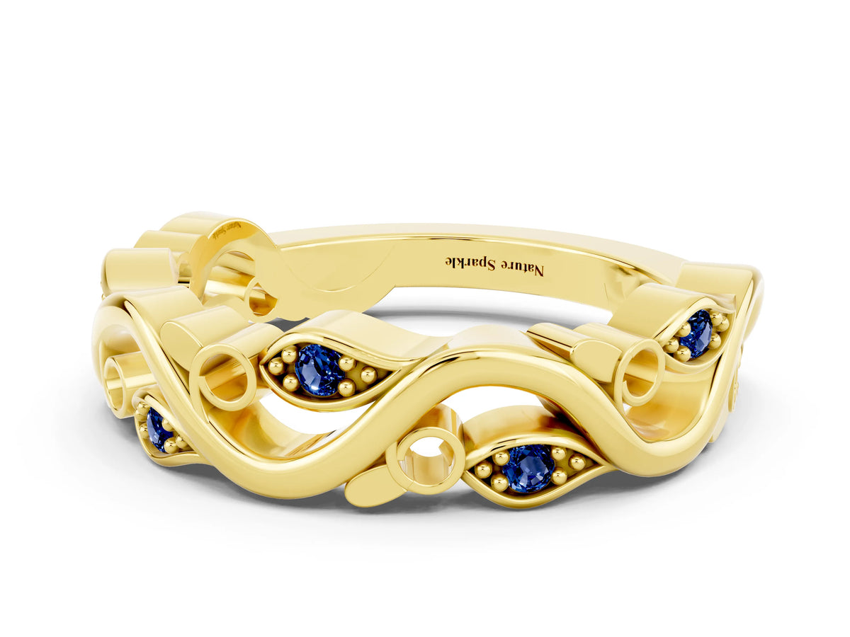Marquise Blue Sapphire Vine Eternity Band in Yellow gold with Bezel Setting