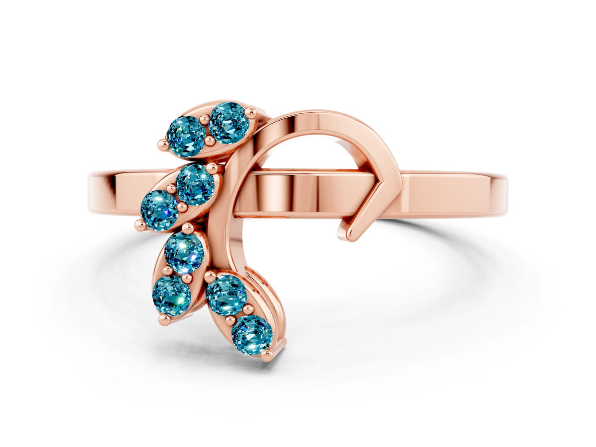 Marquise Blue Topaz Floral Cluster Bypass Ring in Rose gold with Prong Setting