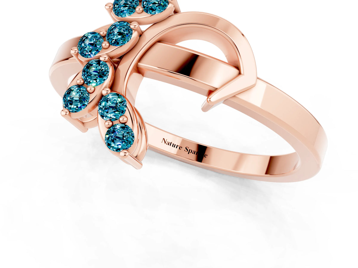 Marquise Blue Topaz Floral Cluster Bypass Ring in Rose gold with Prong Setting_1