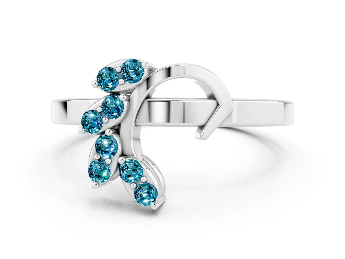 Marquise Blue Topaz Floral Cluster Bypass Ring in Silver with Prong Setting