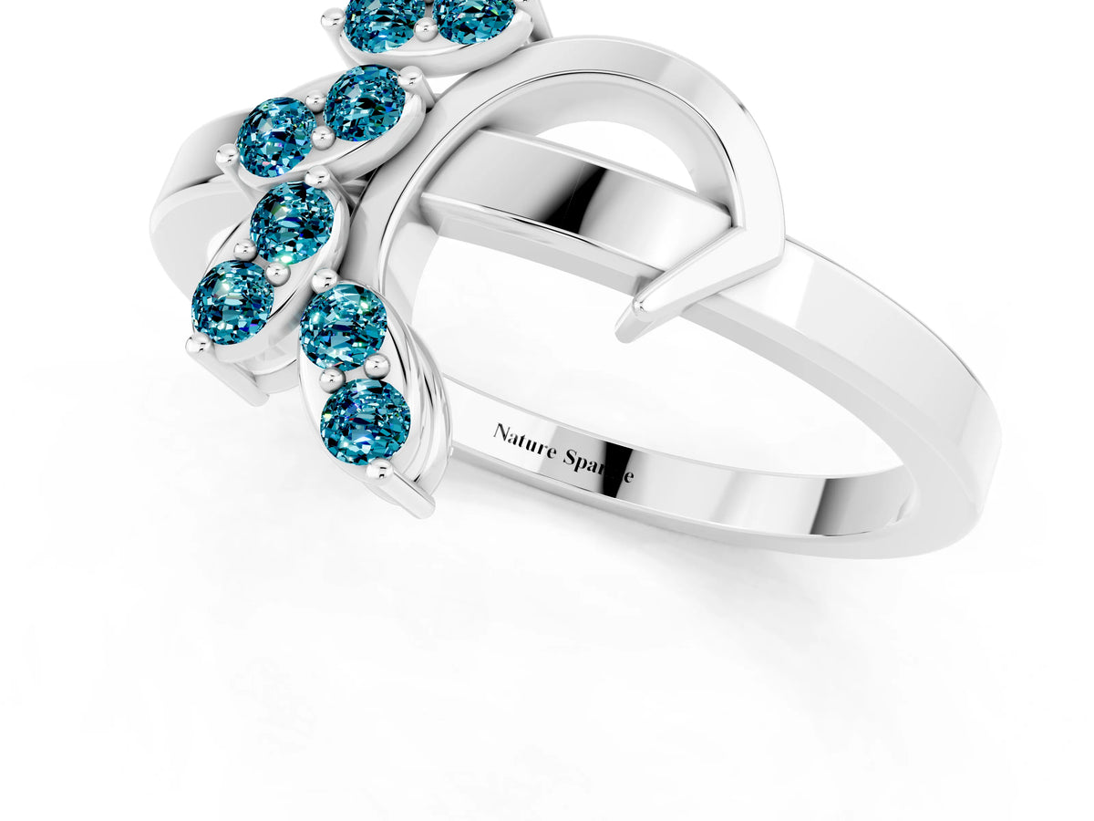 Marquise Blue Topaz Floral Cluster Bypass Ring in White gold with Prong Setting_1