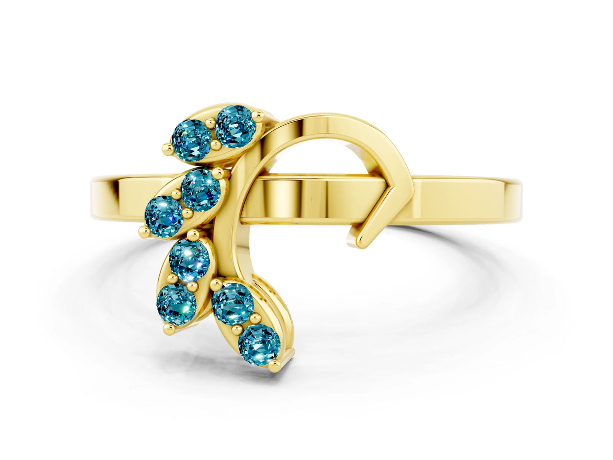 Marquise Blue Topaz Floral Cluster Bypass Ring in Yellow gold with Prong Setting