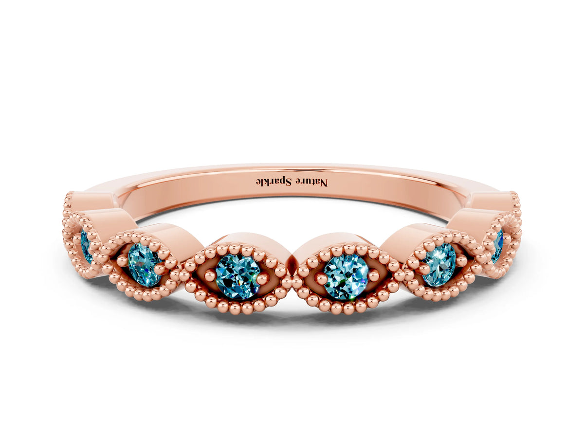 Marquise Blue Topaz Milgrain Half Eternity Band in Rose gold with Bezel Setting