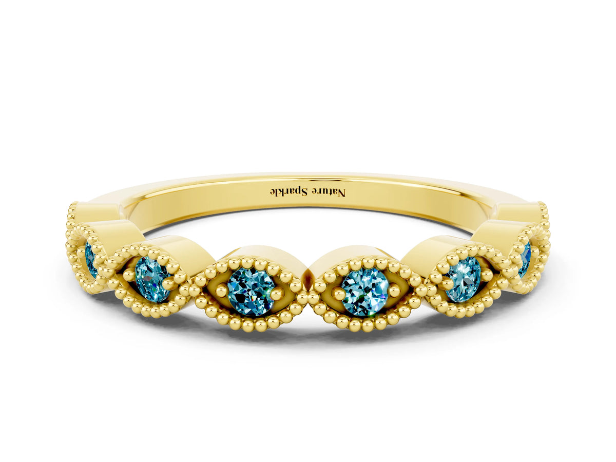 Marquise Blue Topaz Milgrain Half Eternity Band in Yellow gold with Bezel Setting