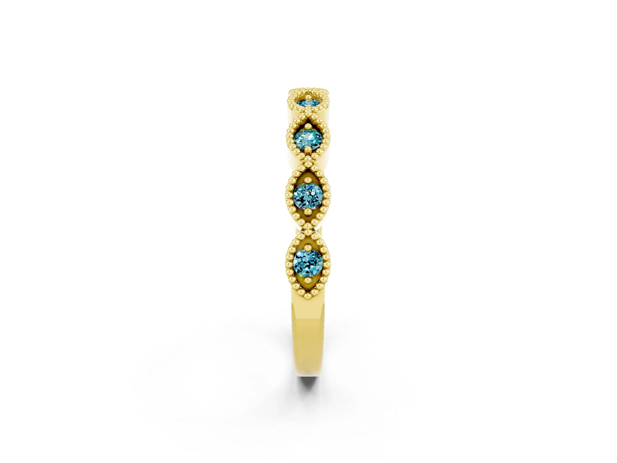 Marquise Blue Topaz Milgrain Half Eternity Band in Yellow gold with Bezel Setting_2