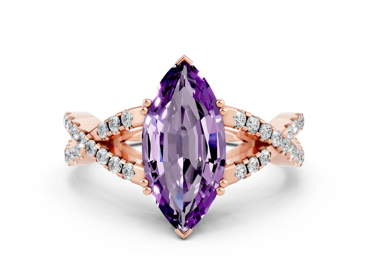 Marquise Cut Amethyst Solitaire Ring in Rose gold with Interwoven Pavé Band and Prong Setting
