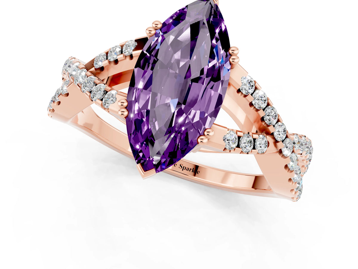 Marquise Cut Amethyst Solitaire Ring in Rose gold with Interwoven Pavé Band and Prong Setting_1