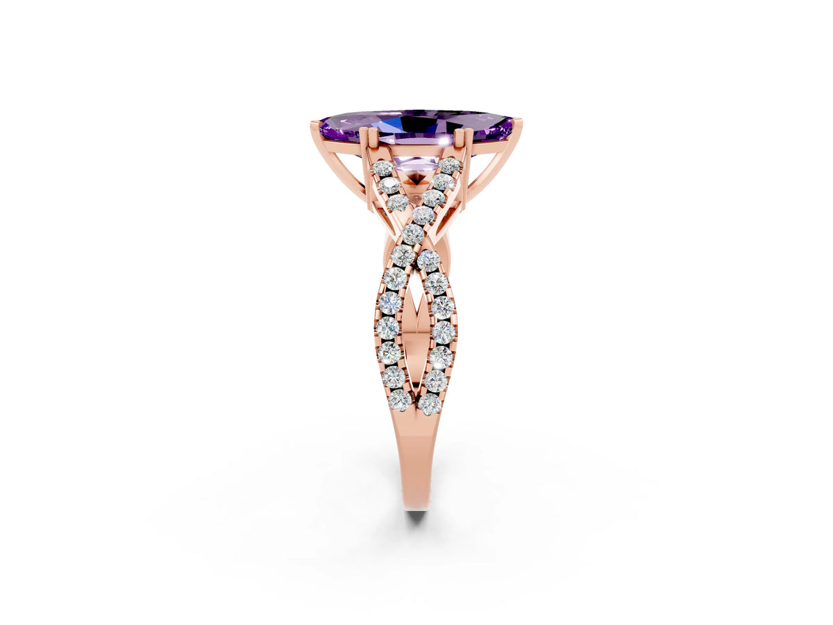 Marquise Cut Amethyst Solitaire Ring in Rose gold with Interwoven Pavé Band and Prong Setting_2