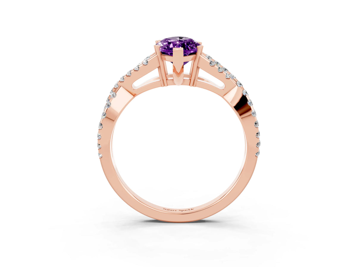 Marquise Cut Amethyst Solitaire Ring in Rose gold with Interwoven Pavé Band and Prong Setting_3