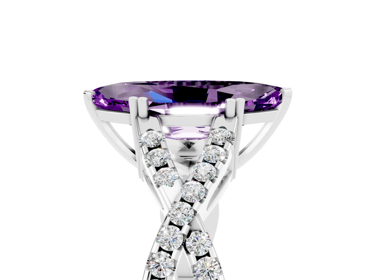 Marquise Cut Amethyst Solitaire Ring in Silver with Interwoven Pavé Band and Prong Setting_11