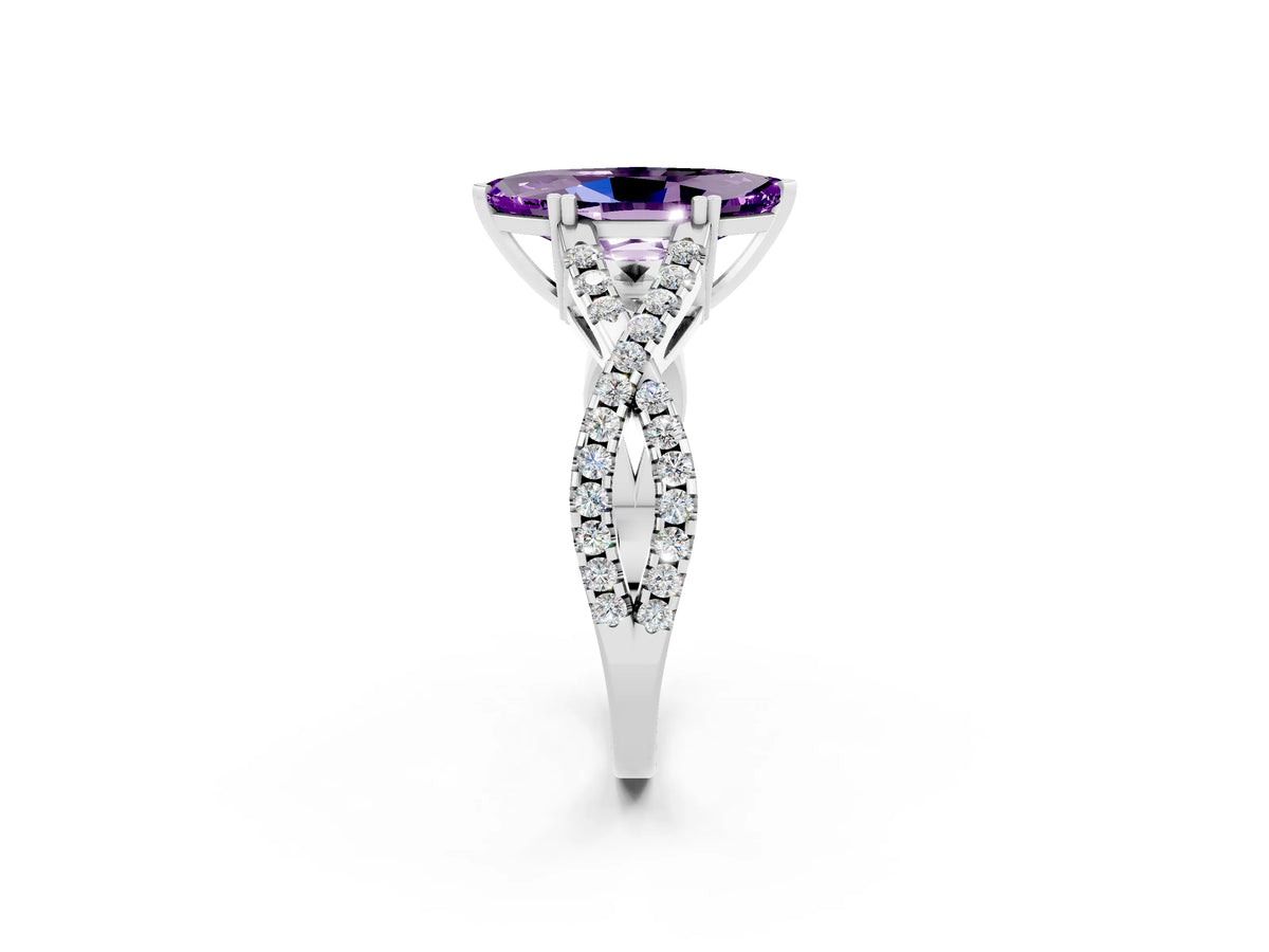 Marquise Cut Amethyst Solitaire Ring in Silver with Interwoven Pavé Band and Prong Setting_8