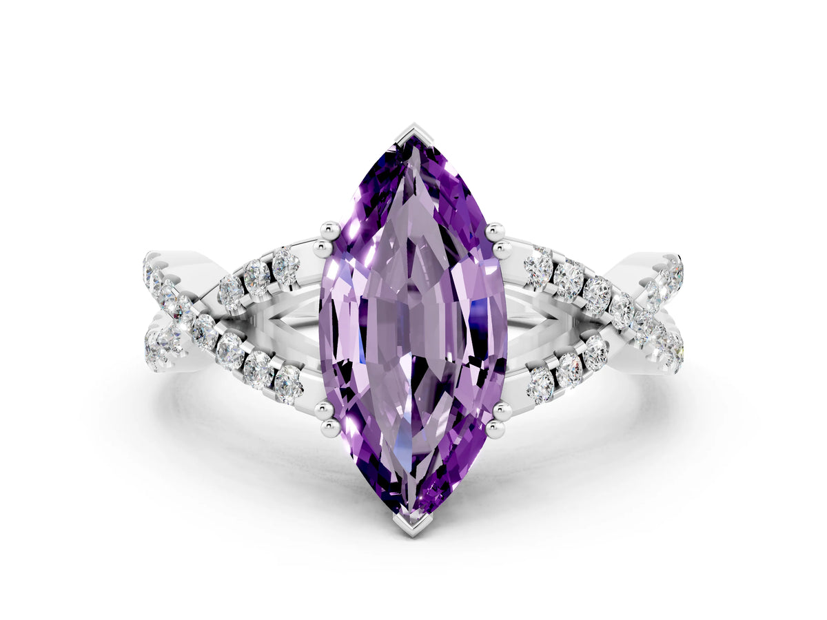 Marquise Cut Amethyst Solitaire Ring in White gold with Interwoven Pavé Band and Prong Setting