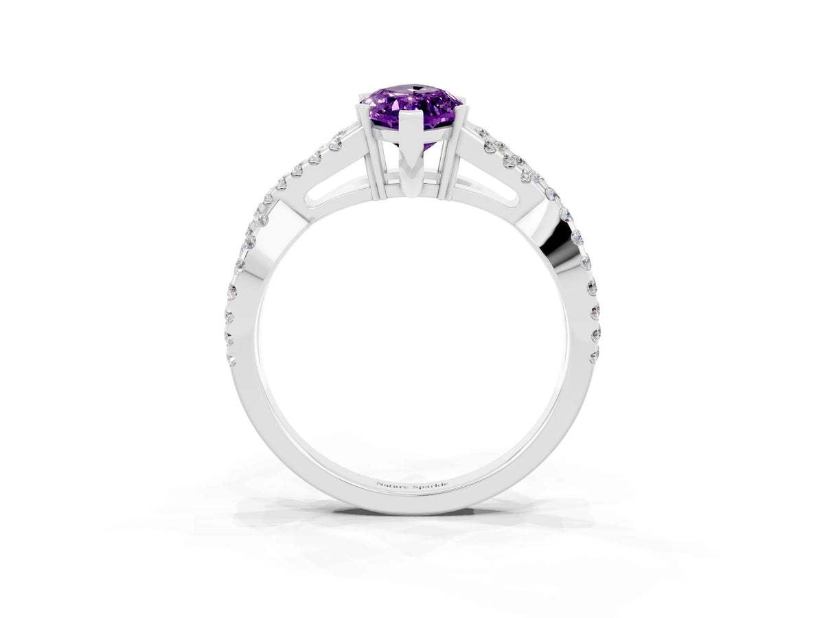 Marquise Cut Amethyst Solitaire Ring in White gold with Interwoven Pavé Band and Prong Setting_3