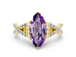 Marquise Cut Amethyst Solitaire Ring in Yellow gold with Interwoven Pavé Band and Prong Setting