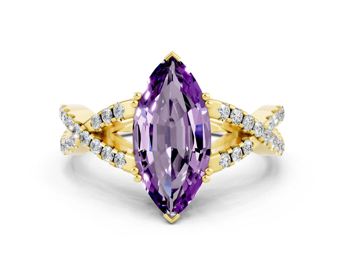 Marquise Cut Amethyst Solitaire Ring in Yellow gold with Interwoven Pavé Band and Prong Setting