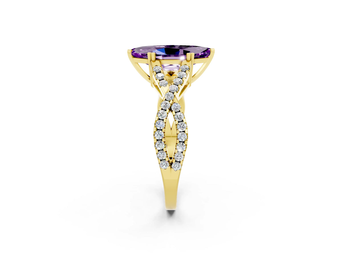 Marquise Cut Amethyst Solitaire Ring in Yellow gold with Interwoven Pavé Band and Prong Setting_2