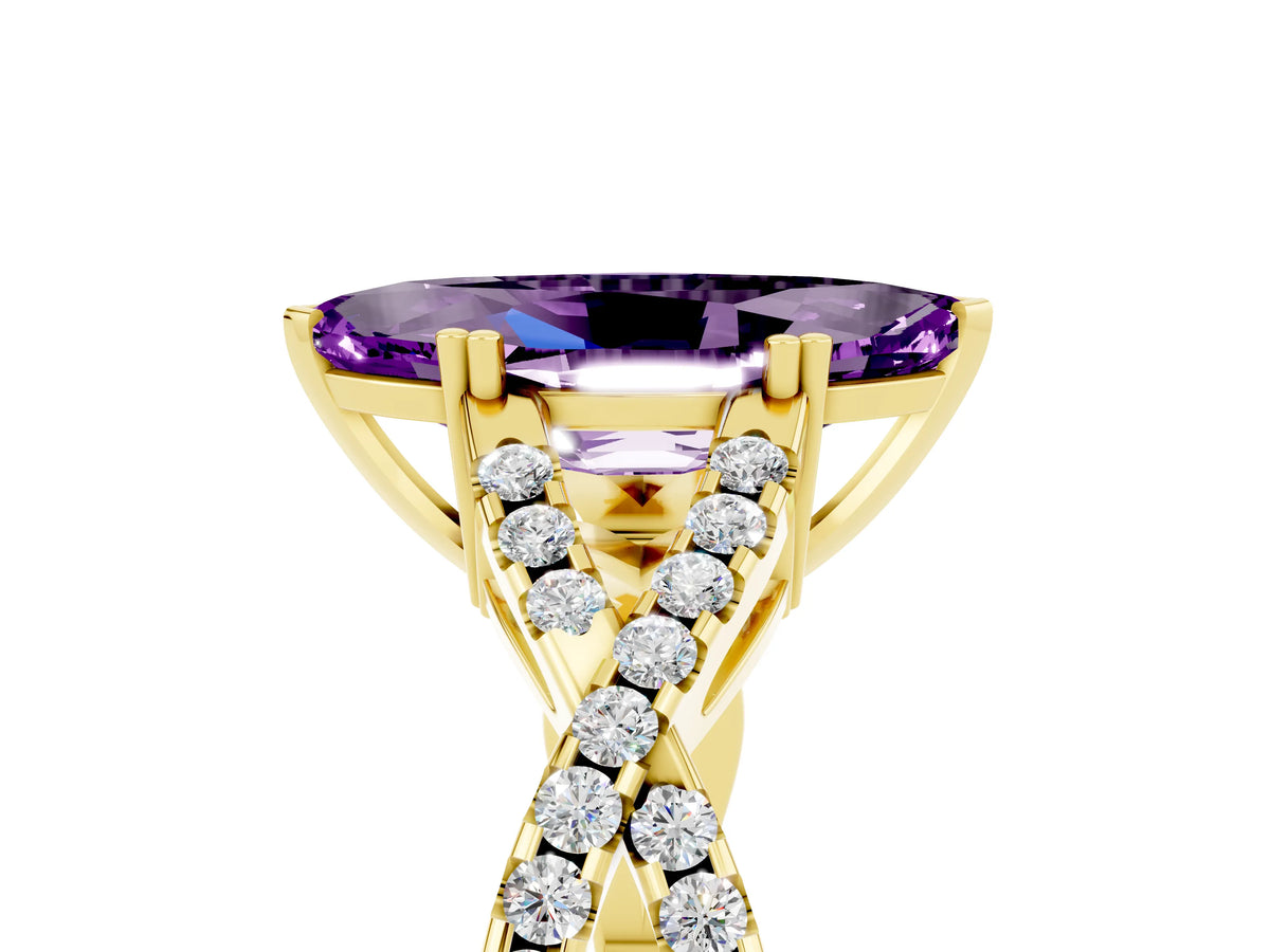 Marquise Cut Amethyst Solitaire Ring in Yellow gold with Interwoven Pavé Band and Prong Setting_5
