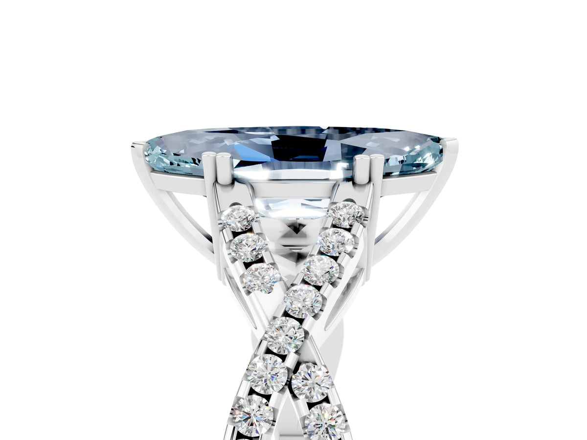 Marquise Cut Aquamarine Solitaire Ring in Platinum with Interwoven Pavé Band and Prong Setting_11
