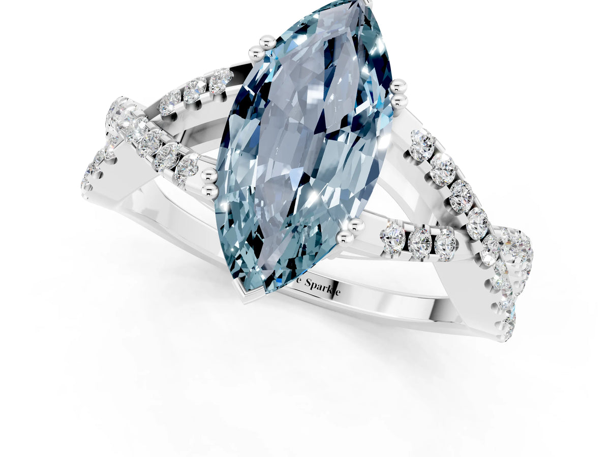 Marquise Cut Aquamarine Solitaire Ring in Platinum with Interwoven Pavé Band and Prong Setting_7