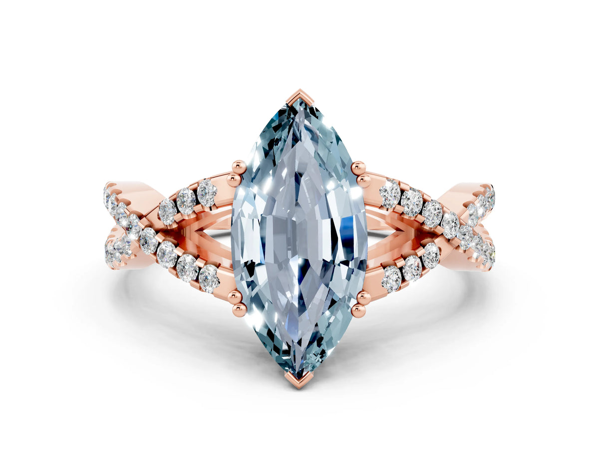 Marquise Cut Aquamarine Solitaire Ring in Rose gold with Interwoven Pavé Band and Prong Setting