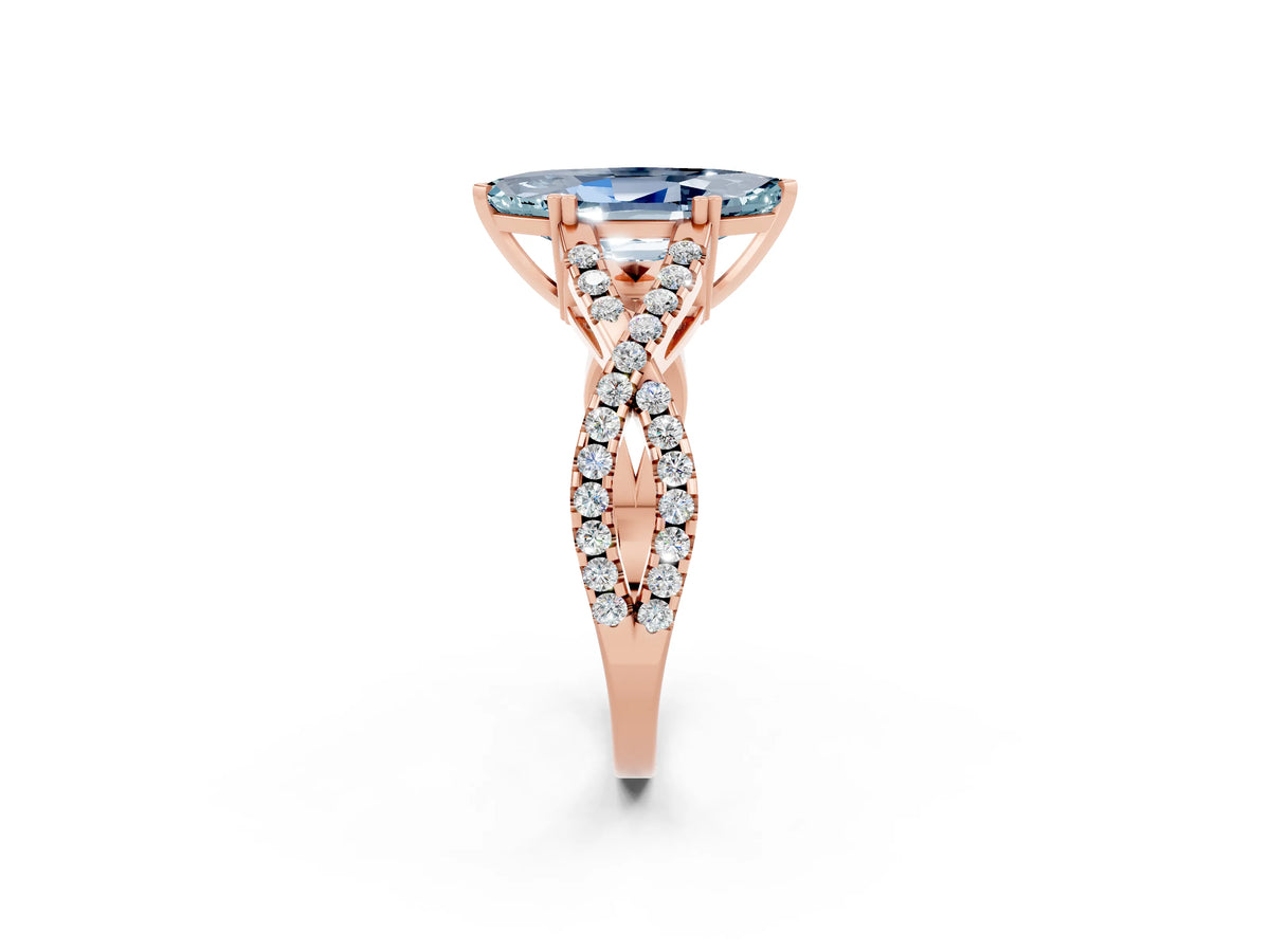 Marquise Cut Aquamarine Solitaire Ring in Rose gold with Interwoven Pavé Band and Prong Setting_2