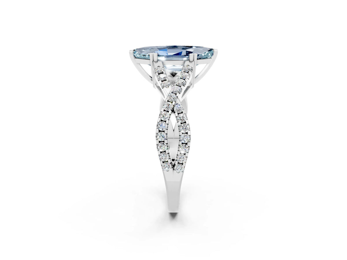Marquise Cut Aquamarine Solitaire Ring in Silver with Interwoven Pavé Band and Prong Setting_8